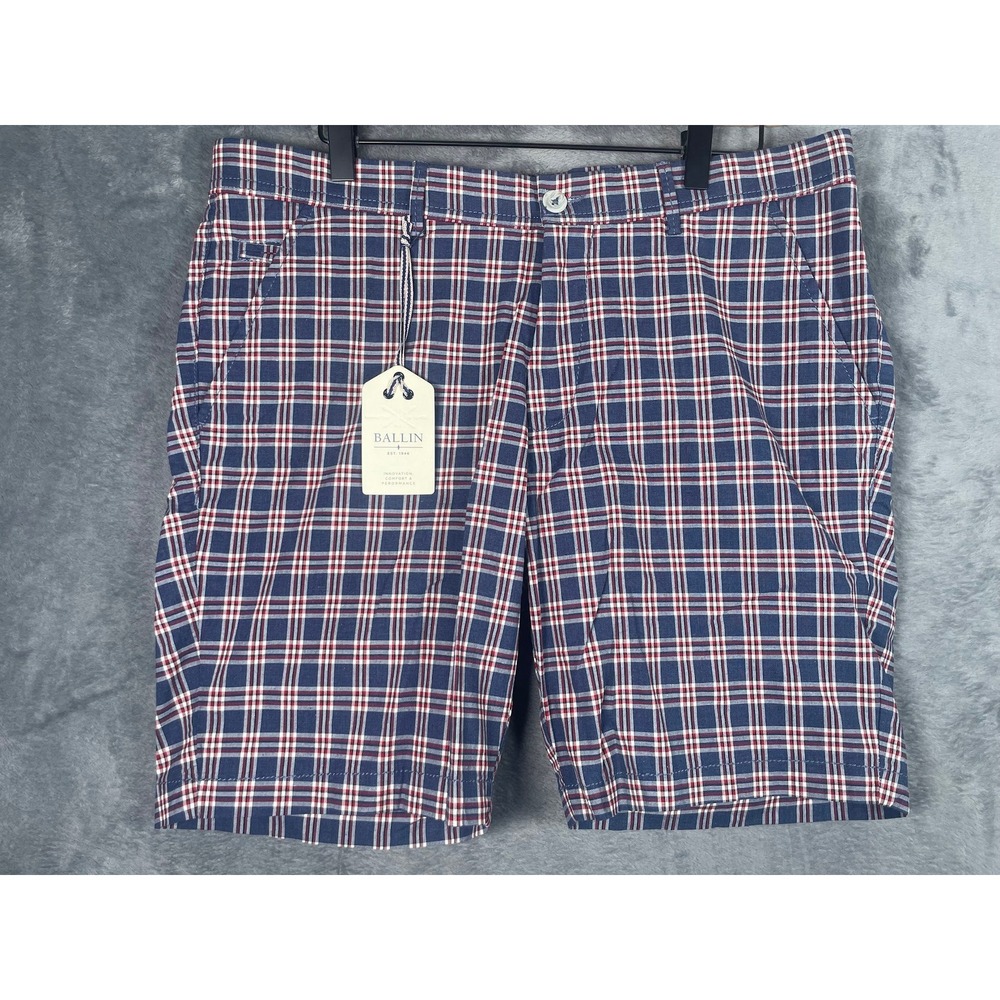 NWT Ballin Mens Plaid Shorts Navy Blue Red White 8 Inch Inseam Size 34
